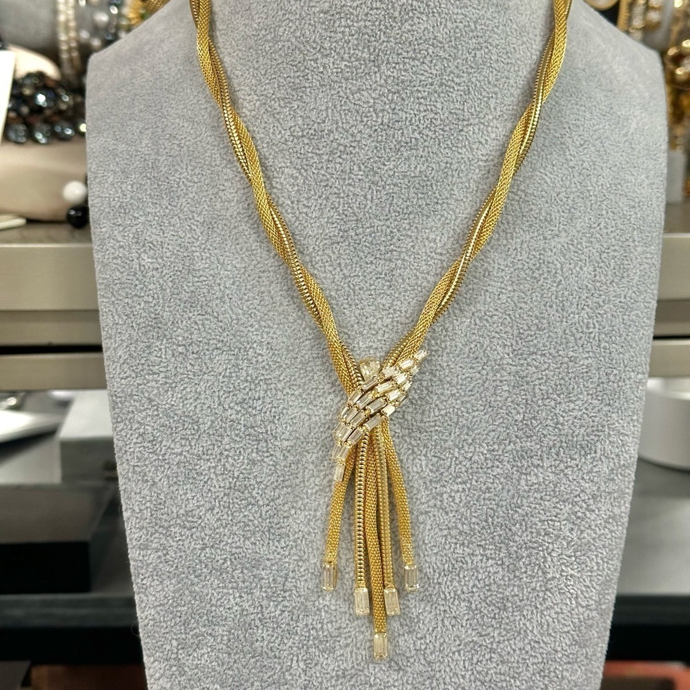 Vintage Signed Fjj Gold Tone Mesh And Serpentine Twist Necklace with Baguettes